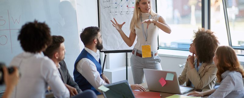 Business woman present her idea to working team workshopping software development idea